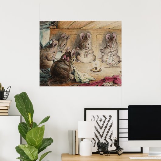 Schattige  Beatrix Potter 5 muizen naaikamer Poster (Thuiskantoor)