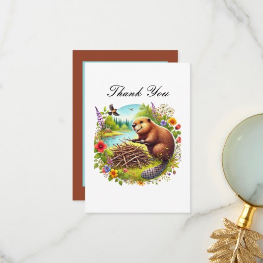 Schattige bedankt bever briefkaart (Voorkant / Achterkant in situ)