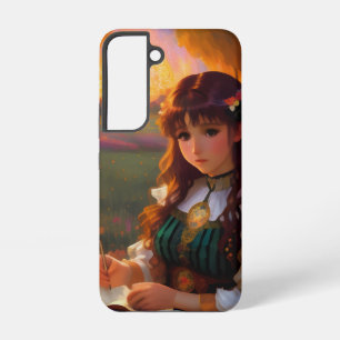 Schattige bedroefde anime-stijl vrouw in weide bij samsung galaxy hoesje