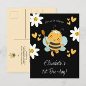 Schattige Bee Girl's 1e Verjaardagsfeest Uitnodiging Briefkaart (Voorkant / Achterkant)