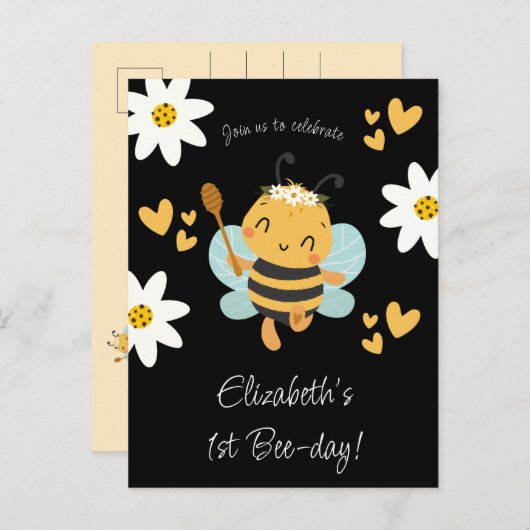 Schattige Bee Girl's 1e Verjaardagsfeest Uitnodiging Briefkaart (Voorkant / Achterkant)