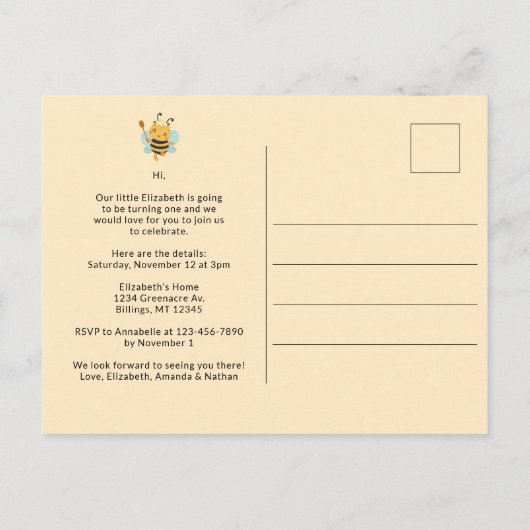 Schattige Bee Girl's 1e Verjaardagsfeest Uitnodiging Briefkaart (Achterkant)