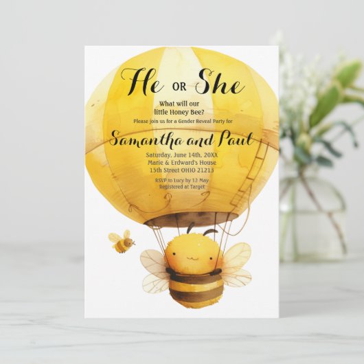 Schattige Bee Hij of Zij Hete Luchtballon Geslacht Kaart (Staand voorkant)