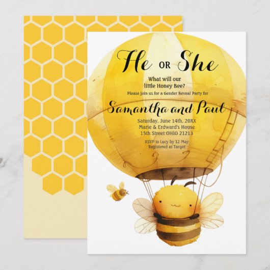 Schattige Bee Hij of Zij Hete Luchtballon Geslacht Kaart (Voorkant / Achterkant)