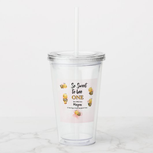 Schattige Bee One Pink Black eerste verjaardagsfee Acryl Drinkbeker (Voorkant)
