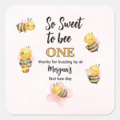 Schattige Bee One Pink Black eerste verjaardagsfee Vierkante Sticker (Voorkant)