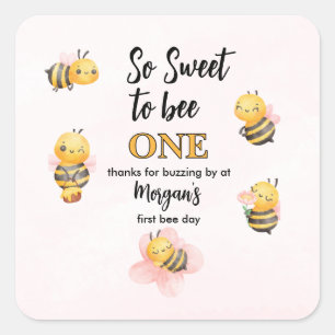 Schattige Bee One Pink Black eerste verjaardagsfee Vierkante Sticker