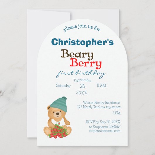 Schattige Beer Aardbeien Beary Berry Eerste Verjaa Kaart (Voorkant)