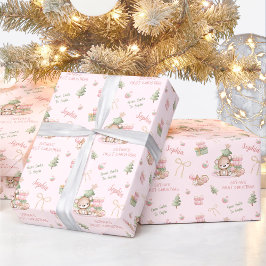 Schattige Beer Baby Meisje Roze Naam Tekst Kerstmi Cadeaupapier