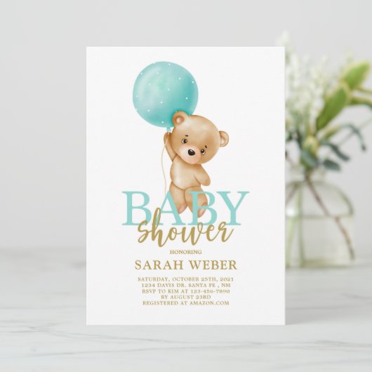 Schattige beer ballon baby shower jongen kaart (Staand voorkant)