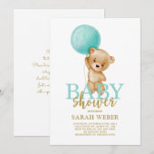 Schattige beer ballon baby shower jongen kaart (Voorkant / Achterkant)