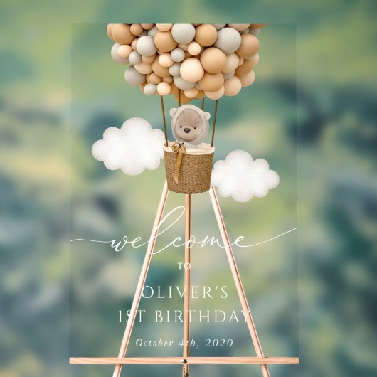 Schattige Beer, beige ballonnen, eerste verjaardag Acryl Bord (Neutraal)