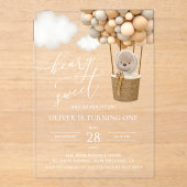 Schattige Beer, beige ballonnen, eerste verjaardag Acryl Uitnodigingen (Voorkant)