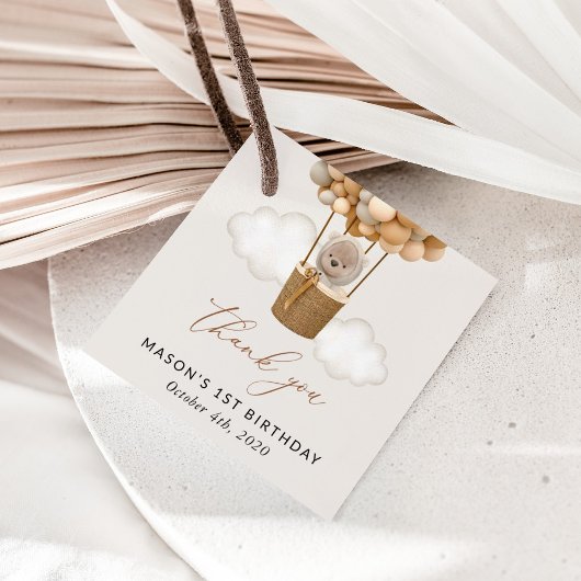 Schattige Beer, beige ballonnen, eerste verjaardag Bedankjes Labels