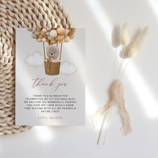 Schattige Beer, beige ballonnen, eerste verjaardag Bedankkaart
