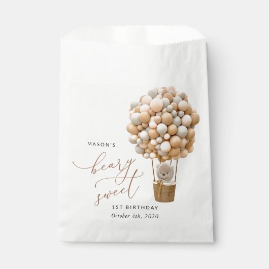 Schattige Beer, beige ballonnen, eerste verjaardag Bedankzakje (Voorkant)