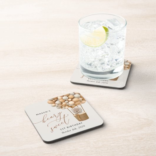Schattige Beer, beige ballonnen, eerste verjaardag Bier Onderzetter (Rechterzijde)