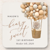 Schattige Beer, beige ballonnen, eerste verjaardag Bier Onderzetter (Voorkant)
