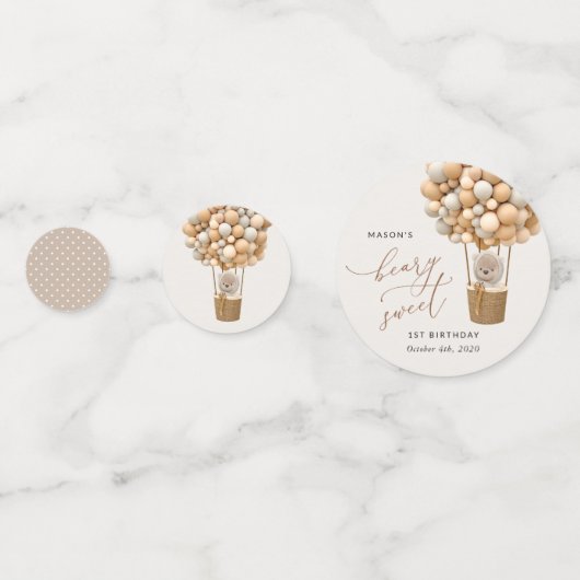 Schattige Beer, beige ballonnen, eerste verjaardag Confetti (Voorkanten)