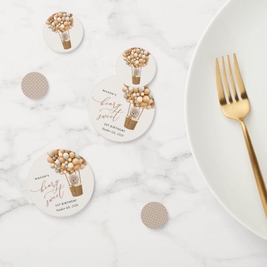 Schattige Beer, beige ballonnen, eerste verjaardag Confetti (Groep)