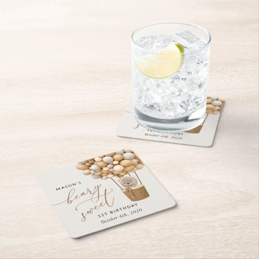 Schattige Beer, beige ballonnen, eerste verjaardag Kartonnen Onderzetters (Insitu)