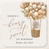 Schattige Beer, beige ballonnen, eerste verjaardag Kartonnen Onderzetters (Voorkant)