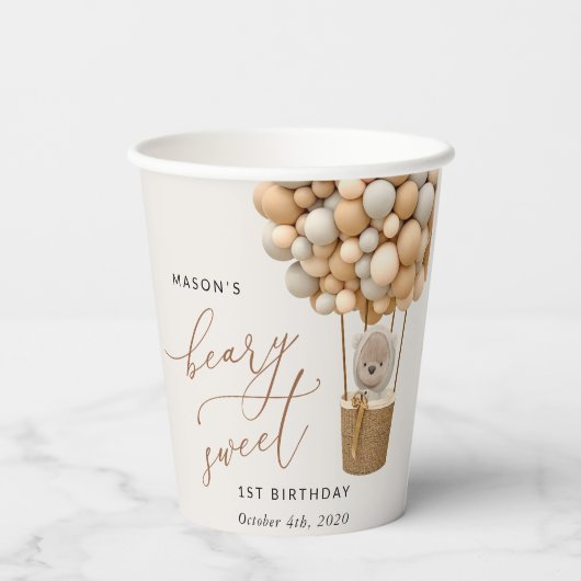 Schattige Beer, beige ballonnen, eerste verjaardag Papieren Bekers (Achterkant)
