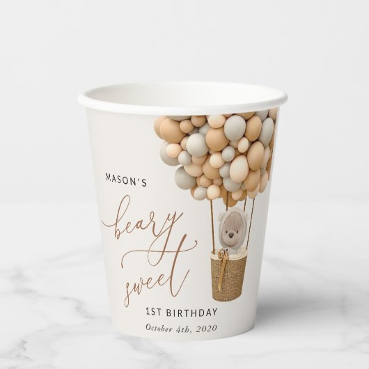Schattige Beer, beige ballonnen, eerste verjaardag Papieren Bekers (Voorkant)