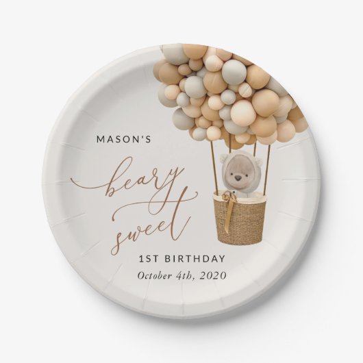 Schattige Beer, beige ballonnen, eerste verjaardag Papieren Bordje (Voorkant)
