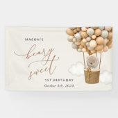 Schattige Beer, beige ballonnen, eerste verjaardag Spandoek (Horizontaal)