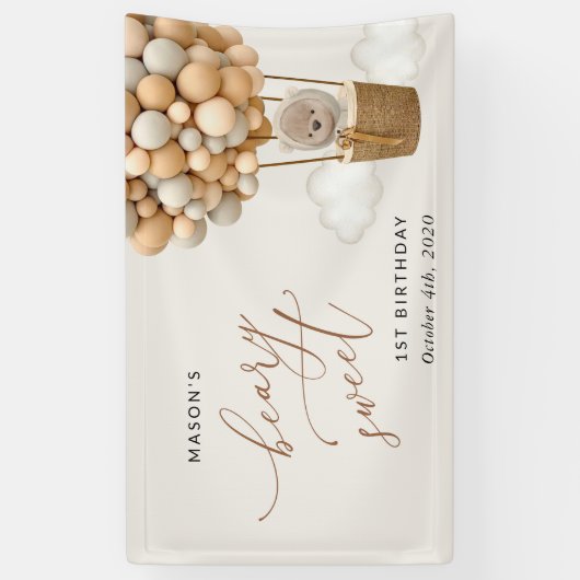 Schattige Beer, beige ballonnen, eerste verjaardag Spandoek (Verticaal)