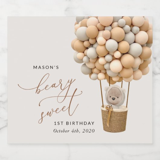 Schattige Beer, beige ballonnen, eerste verjaardag Sparkling Wijnetiket (Enkel label)