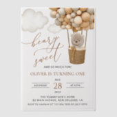 Schattige Beer, beige ballonnen, eerste verjaardag Vellum Uitnodigingen (Voorkant)