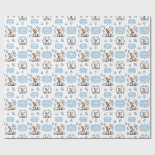 Schattige Beer Blauw Jongen Verjaardagsnaam Inpakp Cadeaupapier (Vlak)