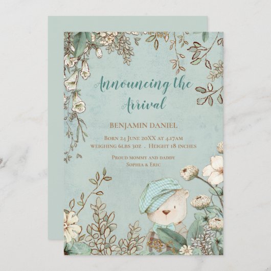  Schattige Beer Bloemen Baby Aankondiging (Voorkant / Achterkant)