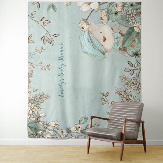 Schattige Beer Bloemen Baby shower Achtergrond lan Wandkleed (In situ)