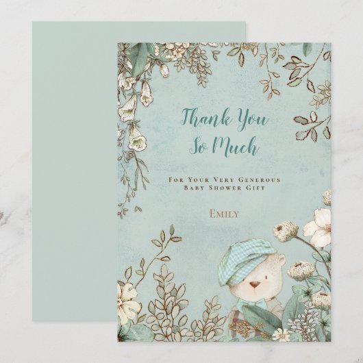  Schattige Beer Bloemen Baby shower Bedankkaart (Voorkant / Achterkant)
