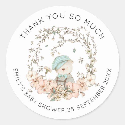  Schattige Beer Bloemen Bedankt Jongen Baby shower Ronde Sticker (Voorkant)