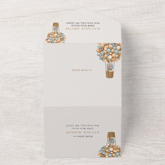 Schattige Beer, Blue Balloons, Eerste Verjaardag All In One Uitnodiging (Buitenkant)