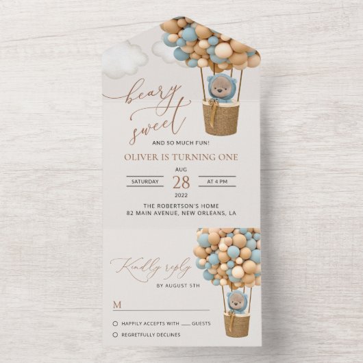 Schattige Beer, Blue Balloons, Eerste Verjaardag All In One Uitnodiging (Binnen)
