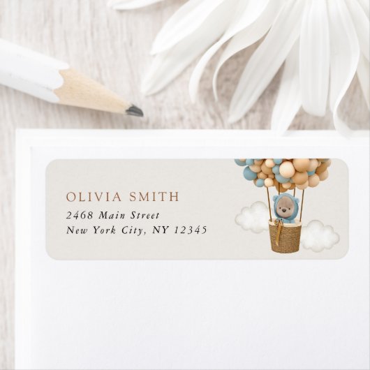 Schattige Beer, Blue Balloons, Eerste Verjaardag Etiket (Insitu)