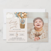 Schattige Beer, Blue Balloons, Eerste Verjaardag Kaart (Voorkant)