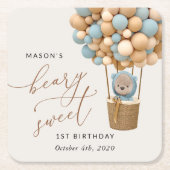 Schattige Beer, Blue Balloons, Eerste Verjaardag Kartonnen Onderzetters (Voorkant)