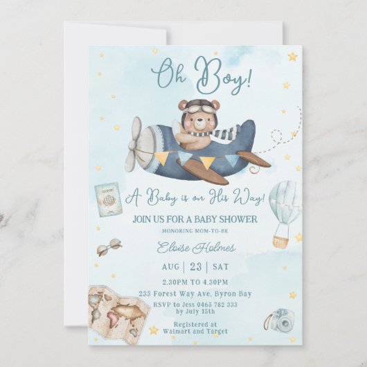Schattige Beer Blue Plane Adventure Oh Boy Baby sh Kaart (Voorkant)