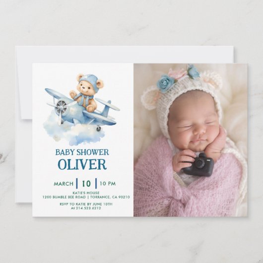 Schattige Beer Blue Plane Time vliegt één 1e verja Kaart (Voorkant)