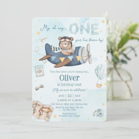 Schattige Beer Blue Plane Time vliegt één 1e verja Kaart (Staand voorkant)