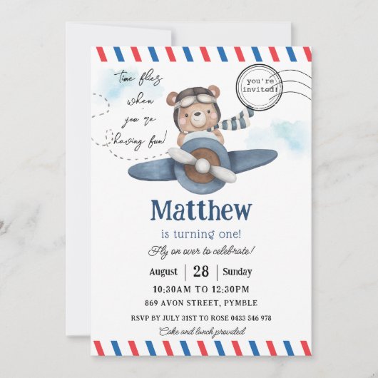 Schattige Beer Blue Plane Time vliegt één 1e verja Kaart (Voorkant)