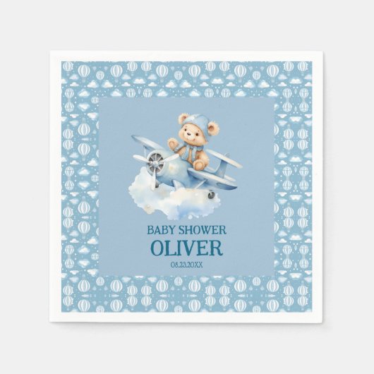 Schattige Beer Blue Plane Time vliegt één 1e verja Servet (Voorkant)