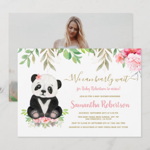 Schattige Beer Blush Roze Bloemen Baby shower Foto Kaart