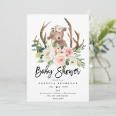 schattige beer boho bloemrijke moderne baby shower kaart (Staand voorkant)